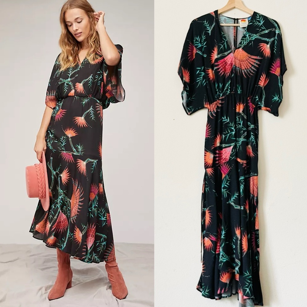 Farm Rio for Anthropologie XS Valentina black printed dress